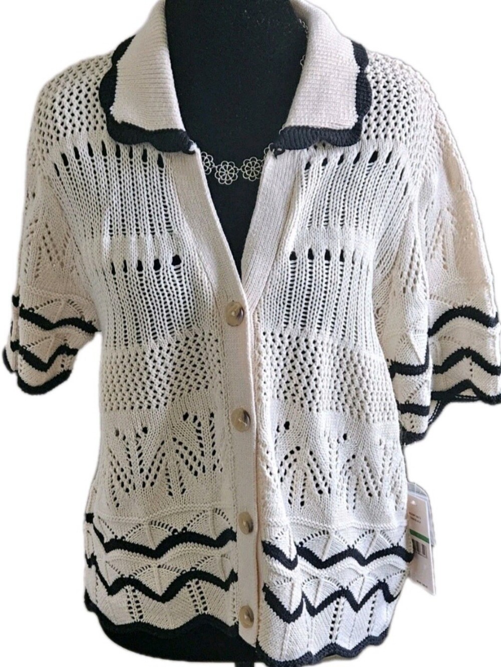 Nanette Lepore NWT Open Knit Cardigan Sweater Cream Black Scallop Trim Size M. - Picture 3 of 8